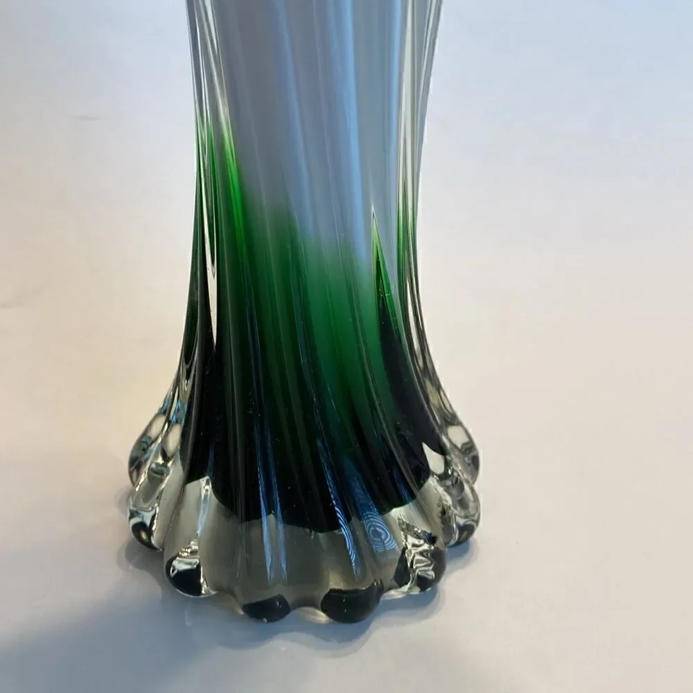 Hand Blown Art Glass Swirled Vase 8” Blue White Green